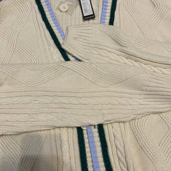 NWT BoohooMAN Boxy Cable Knit Cardigan Mens M Cream Striped Oversized 'Official' - Picture 7 of 7